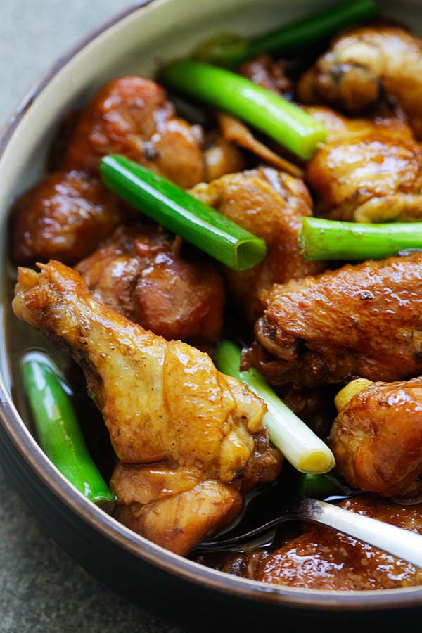 Close up Ginger Soy Chicken with scallions.
