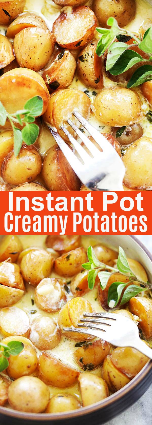 Instant Pot Creamy Potatoes - ready in 15 minutes or less, these crispy and creamy potatoes were perfectly roasted in the Instant Pot pressure cooker. So delicious with garlic and aromatic herbs | rasamalaysia.com