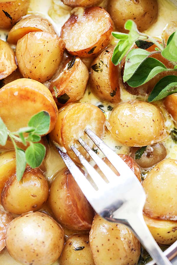 Potatoes pressure cooked in an Instant Pot with garlic and herbs.