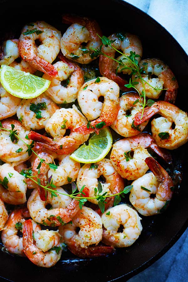 Italian Lemon Herb Butter Scampi in a skillet ready to serve.