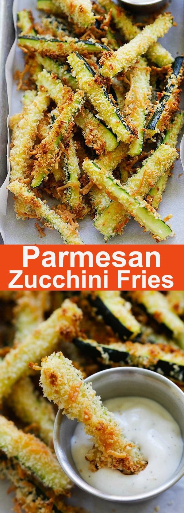 Crispy baked zucchini fries made with Japanese panko bread crumbs and Parmesan cheese. Serve the zucchini fries with ranch dressing as a healthy and delicious snack | rasamalaysia.com