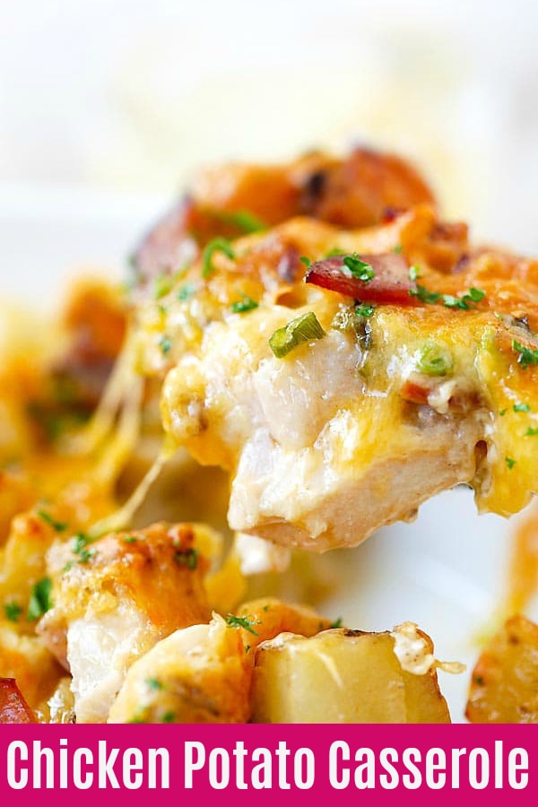 Cheesy chicken casserole with potato bake is one of the best casserole recipes ever! Ingredients are chicken, potatoes, cheddar cheese, bacon and cream | rasamalaysia.com