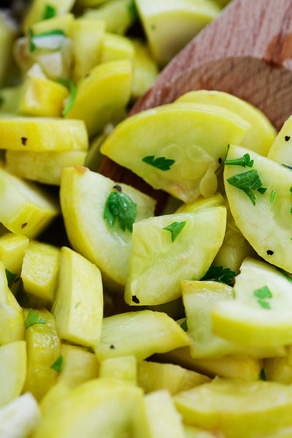 How to Cook Yellow Squash? A simple saute with garlic and butter close up.