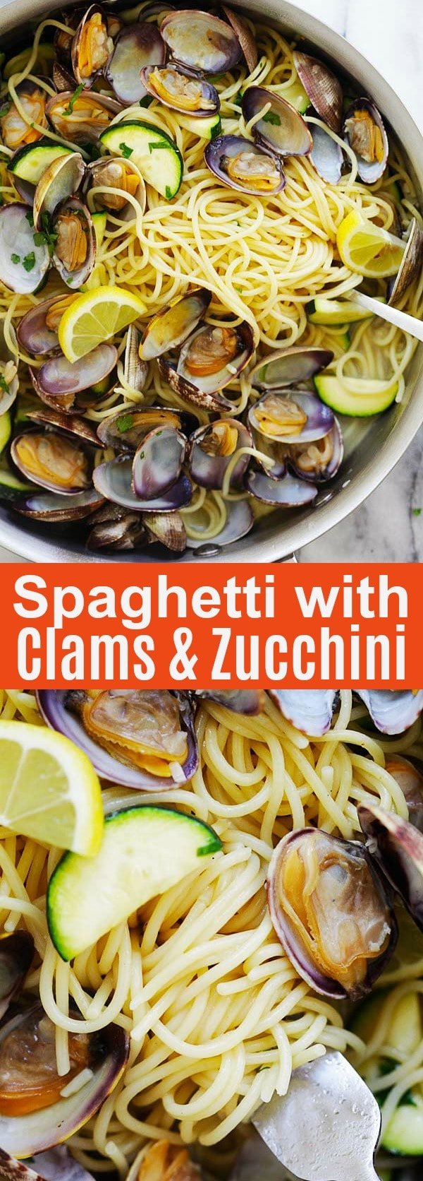 Spaghetti with Clams and Zucchini - easy spaghetti pasta with clams and zucchini, white wine, olive oil, butter and garlic. Weeknight dinner is ready in 20 mins | rasamalaysia.com