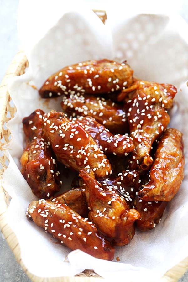 Easy Sweet and Sour Chicken Wings in a serving basket.