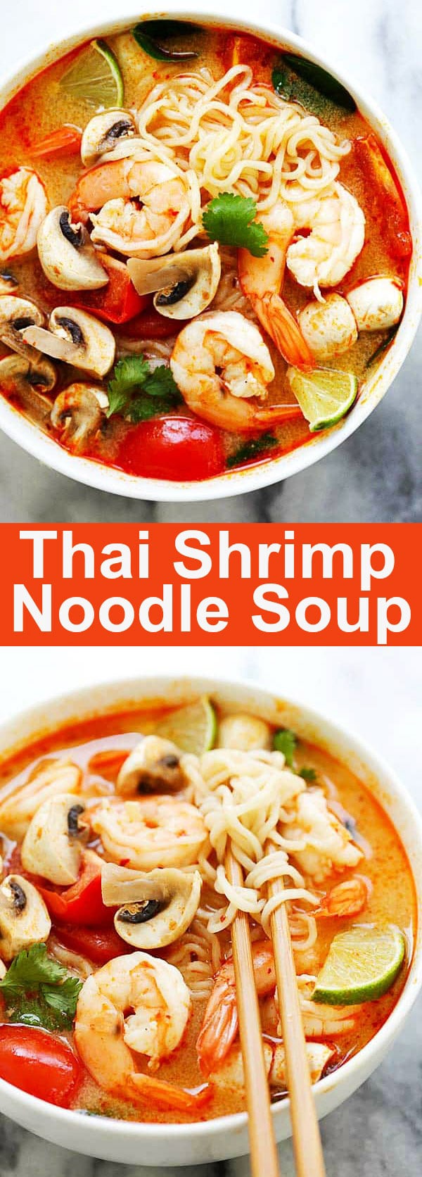thai-shrimp-noodle-soup – quick and easy Thai shrimp noodle soup made with instant ramen noodles. Loaded with shrimp, mushrooms, herbs, tomatoes and mouthwatering Thai Tom Yum soup. So good! | rasamalaysia.com