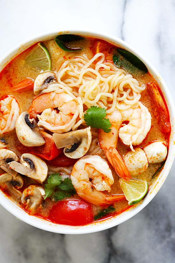 Top Down view of a bowl of Tom Yum Goong Noodle Soup.