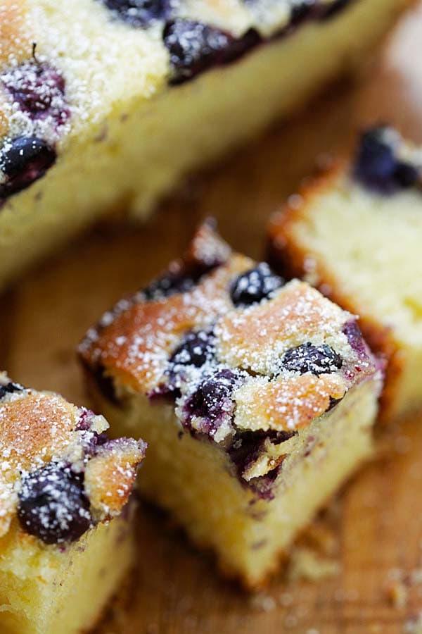 Close up of blueberry butter cake ready to serve.