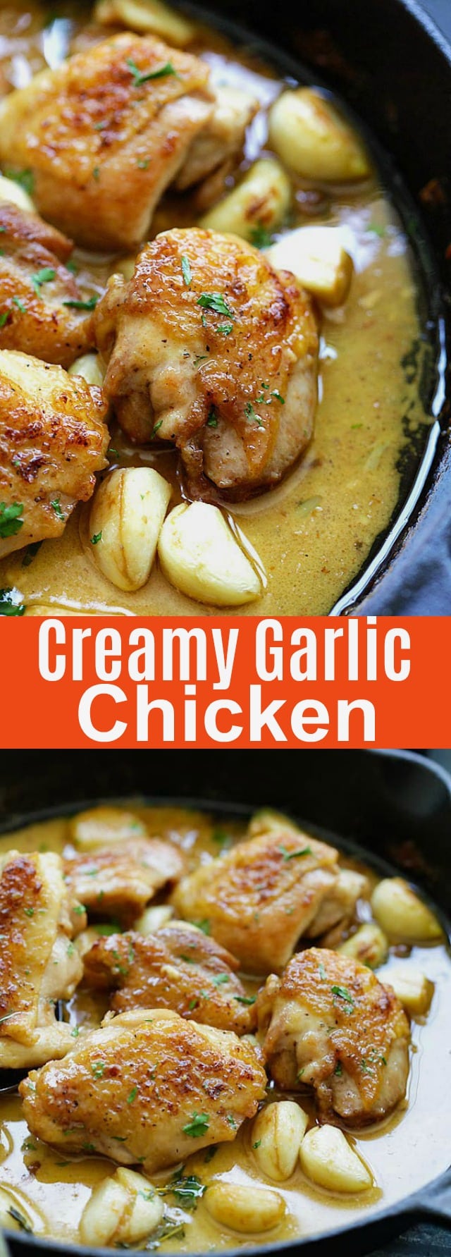Creamy Garlic Chicken - easy skillet chicken with creamy garlic sauce made with yogurt, white wine and chicken broth. Best with pasta | rasamalaysia.com