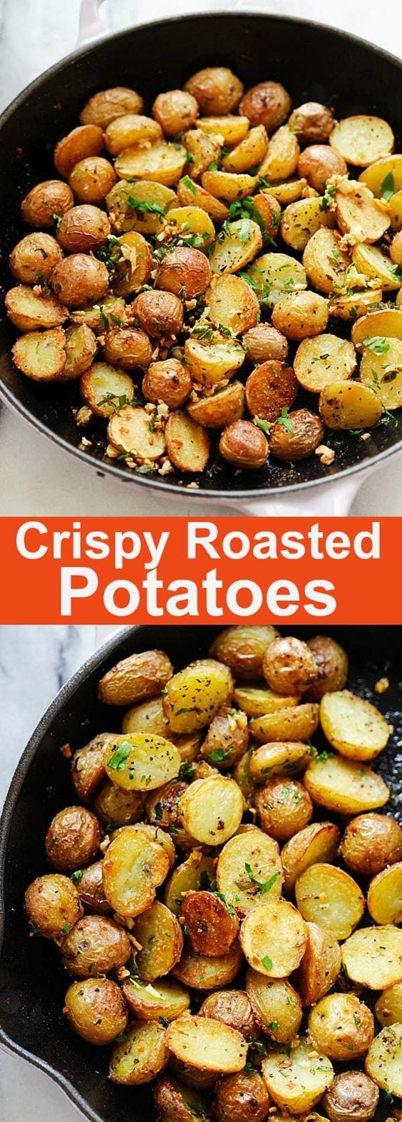 Crispy Roasted Potatoes - the crunchiest and crispiest roasted potatoes recipe ever! Made with garlic herb infused oil and special oven roasting technique. So good | rasamalaysia.com