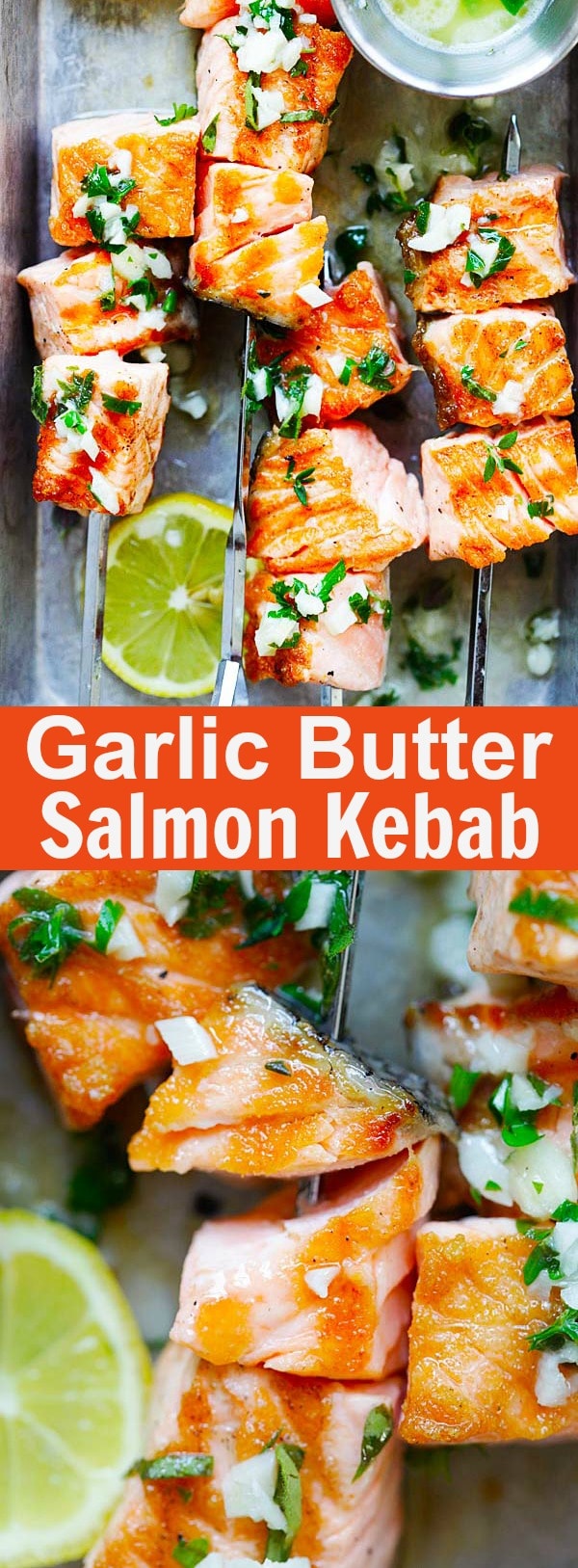 Garlic Butter Salmon Kebab - juicy, succulent and perfectly grilled salmon kebab (kabob) with garlic butter and lemon juice. A guaranteed crowd pleaser | rasamalaysia.com