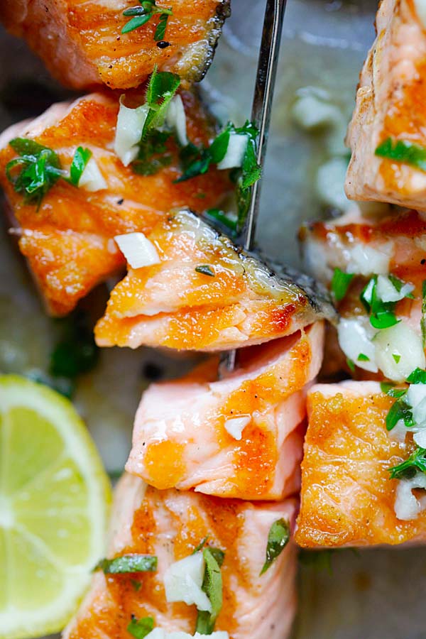 Close up Garlic Butter Salmon Kebab skewers.