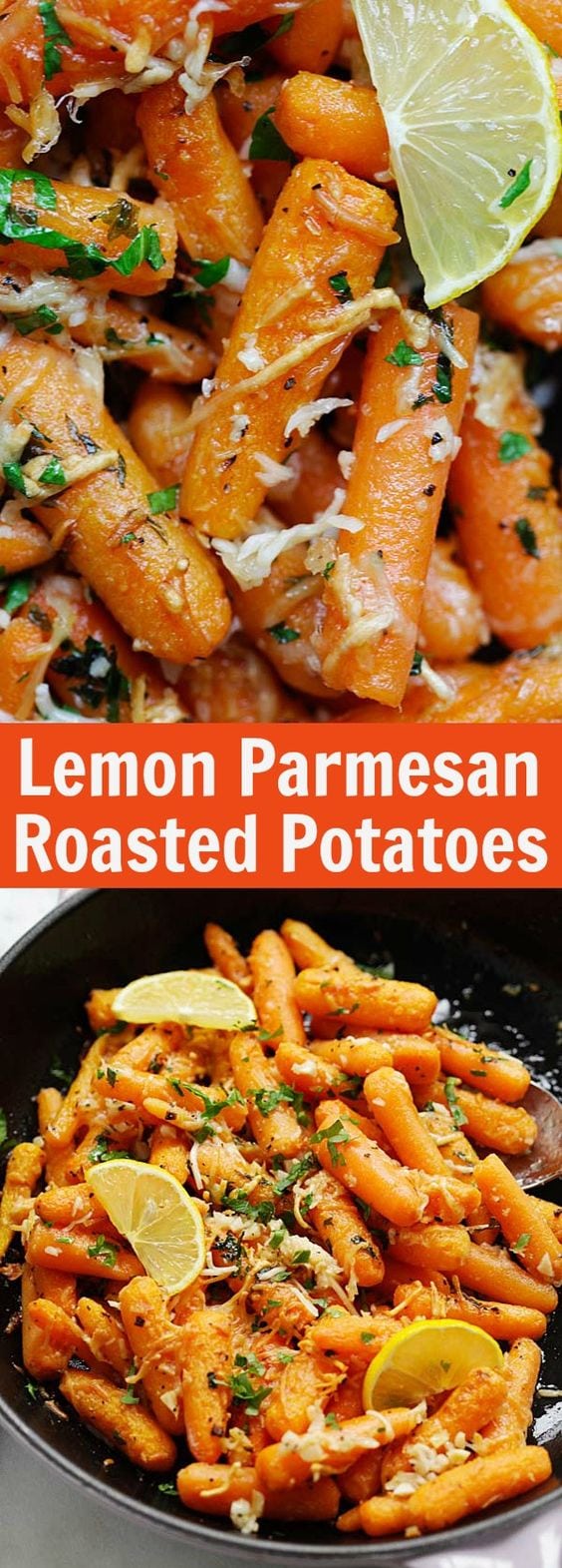 Lemon Parmesan Roasted Carrots - tender, garlicky, lemony and cheesy roasted carrots with fresh lemon juice and Parmesan cheese. This roasted carrots recipe takes 10 mins active time | rasamalaysia.com