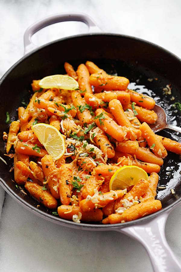 Healthy homemade Lemon Parmesan Roasted Carrots in a skillet.