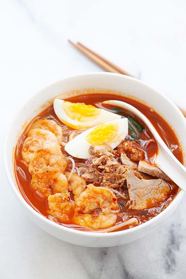 Easy and authentic Penang Hokkien Mee (Prawn Noodle Soup) in a bowl ready to serve.