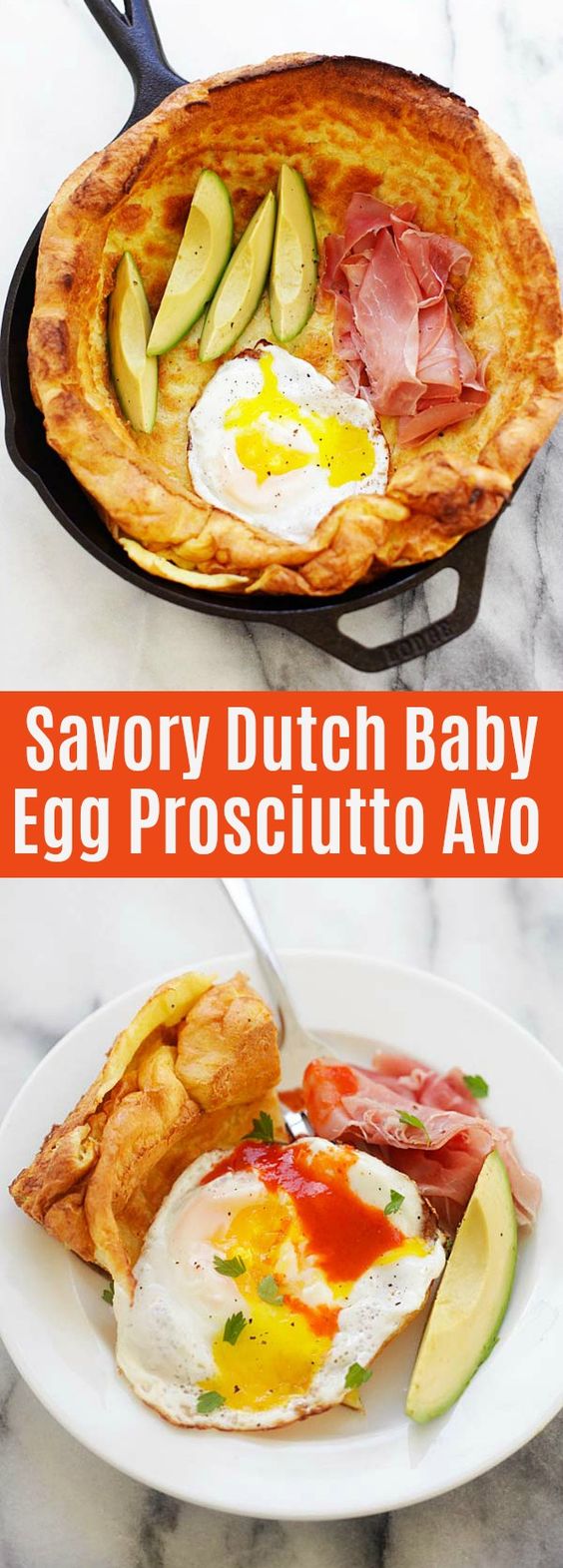 Savory Dutch Baby - this Savory Dutch Baby recipe is a cross between a Yorkshire pudding and a pancake with a trio of toppings of egg, prosciutto and avocado. An easy and delicious brunch | rasamalaysia.com