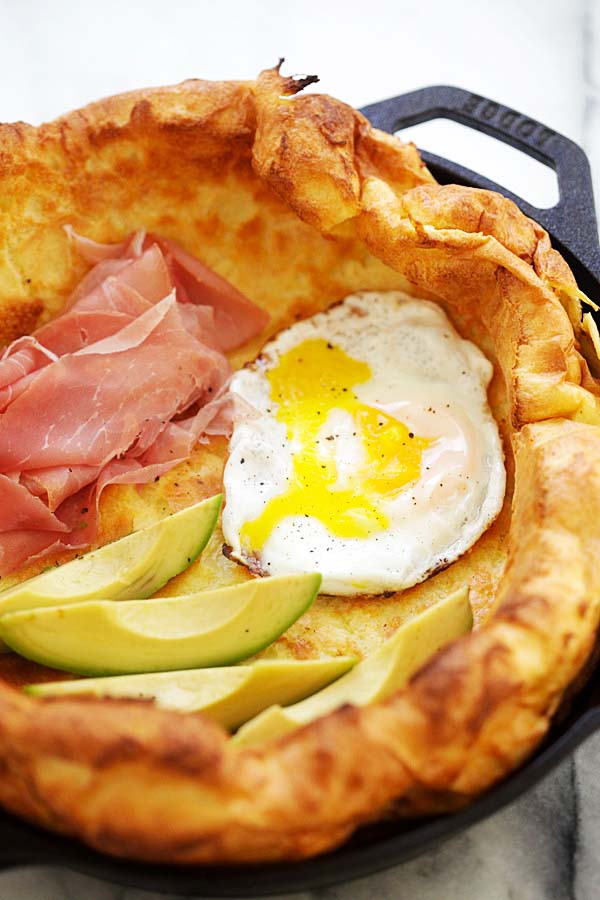 Savory Dutch Baby with 3 easy toppings ready to serve.