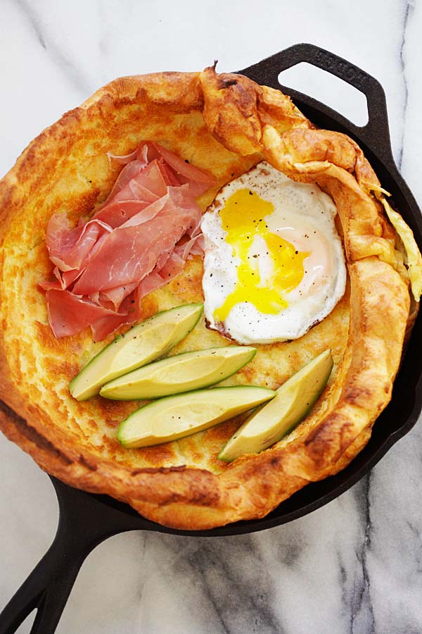 Yorkshire pudding and a pancake with a trio of toppings of egg, prosciutto and avocado.