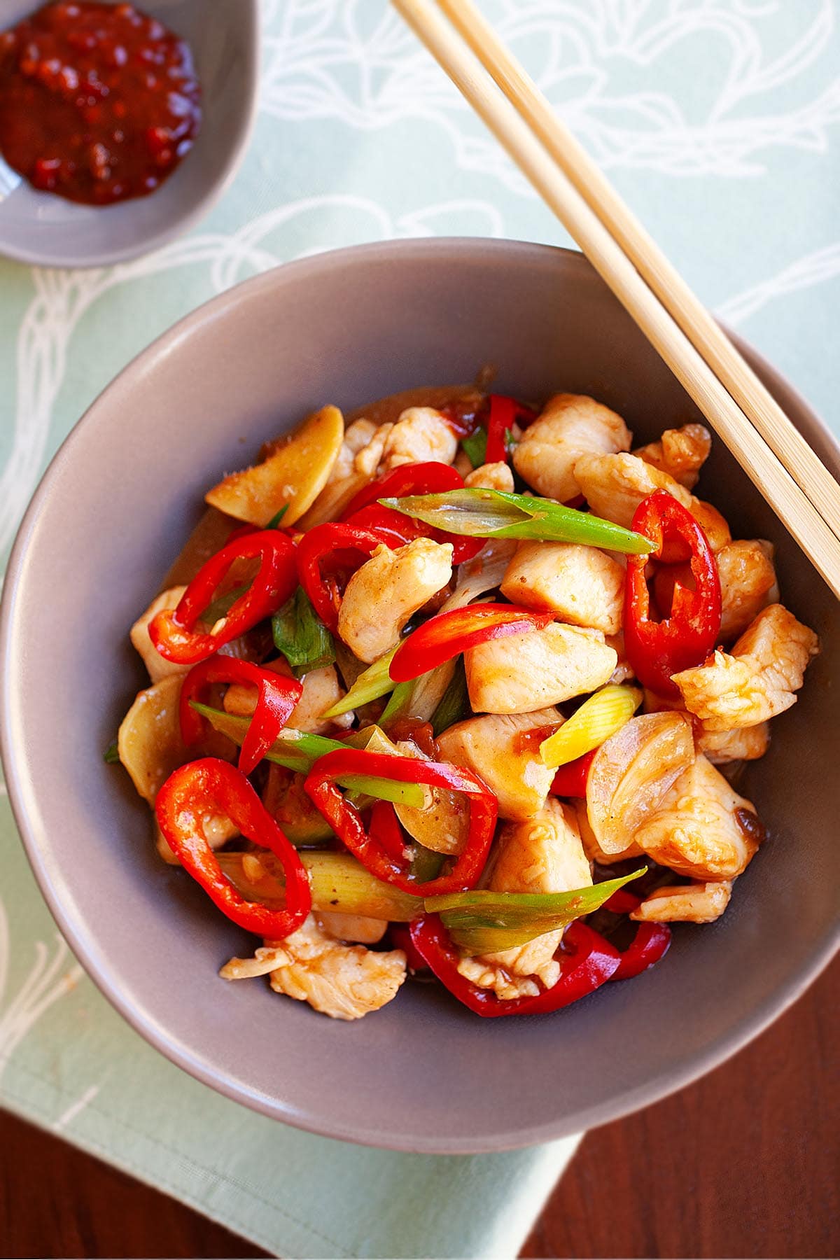 Spicy chicken stir fry  served in a bowl.