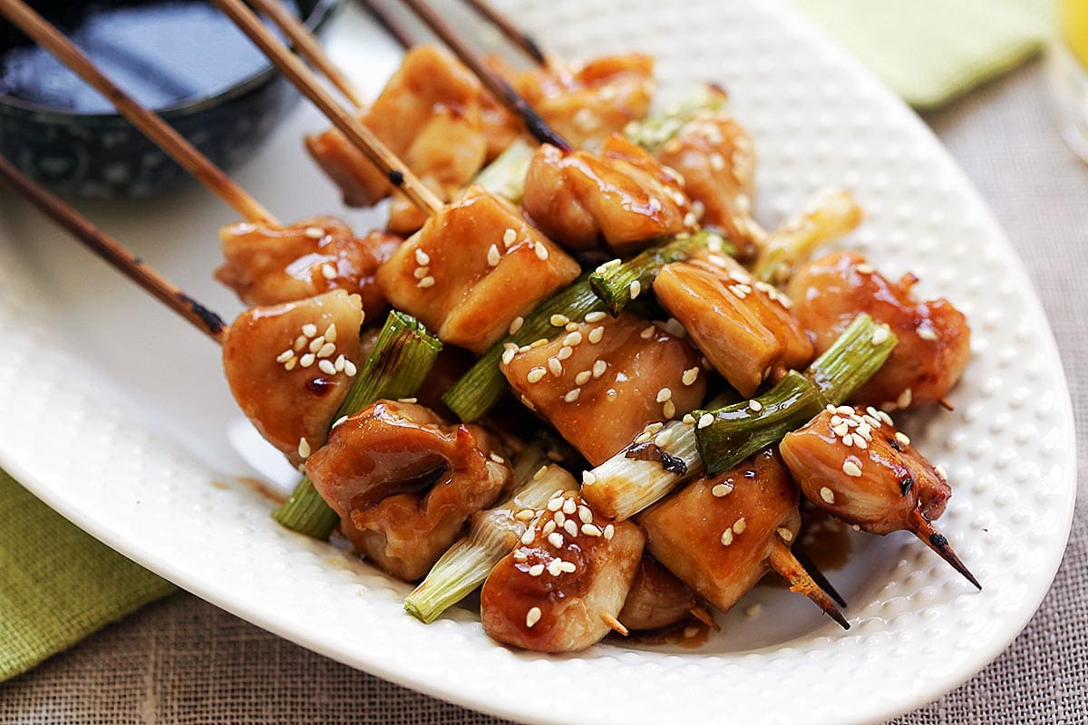 Traditional yakitori chicken with spring onion.