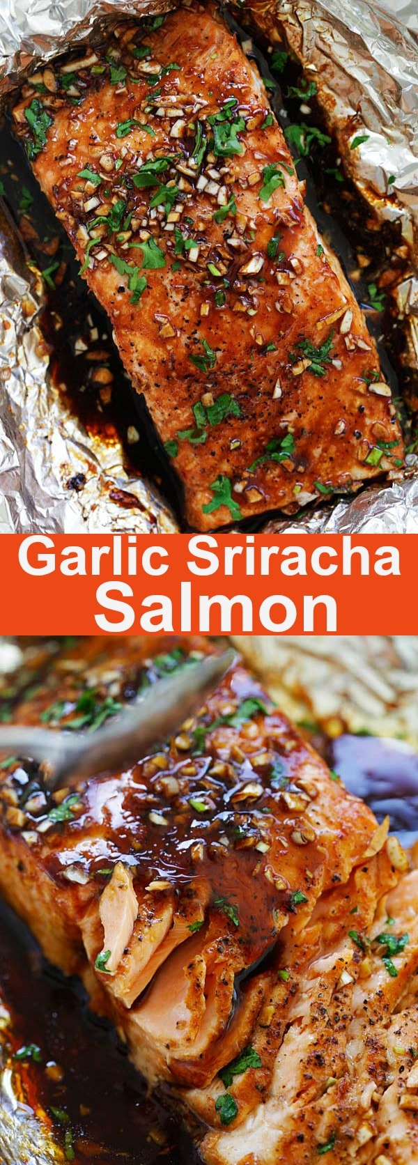 Garlic Sriracha Salmon - moist, juicy and flaky foil baked salmon recipe with a mouthwatering Garlic Sriracha marinade. This recipe takes only 10 minutes active time. It's so good | rasamalaysia.com