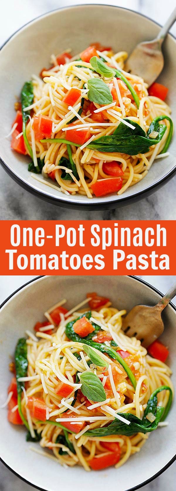 One-pot pasta with spinach and tomatoes