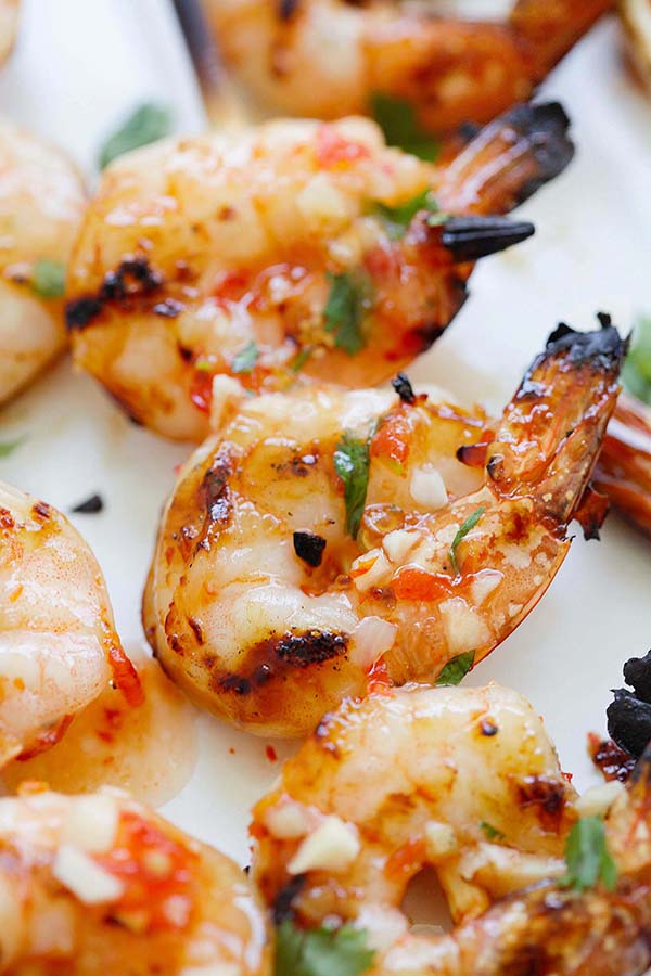 Quick and easy grilled sweet chili shrimp skewers.