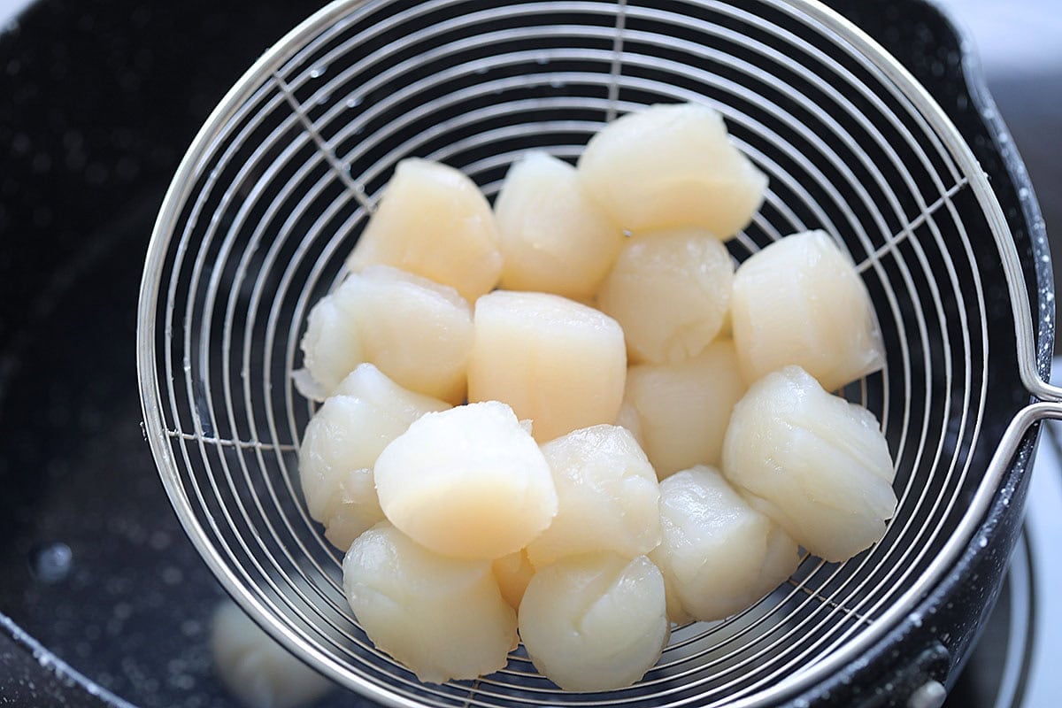 Boiled scallops on a colander. 