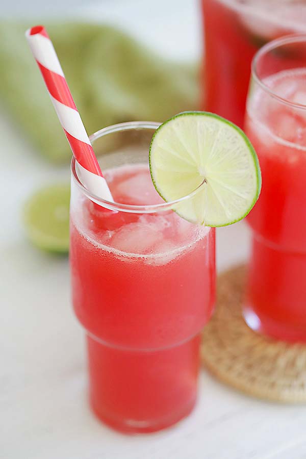 Refreshing watermelon-lime agua Fresca with ice serve in glass.