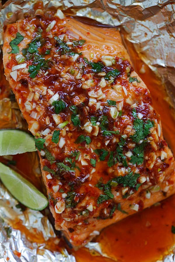 Chili lime foil-wrapped salmon marinated with chili-garlic sauce and lime juice.