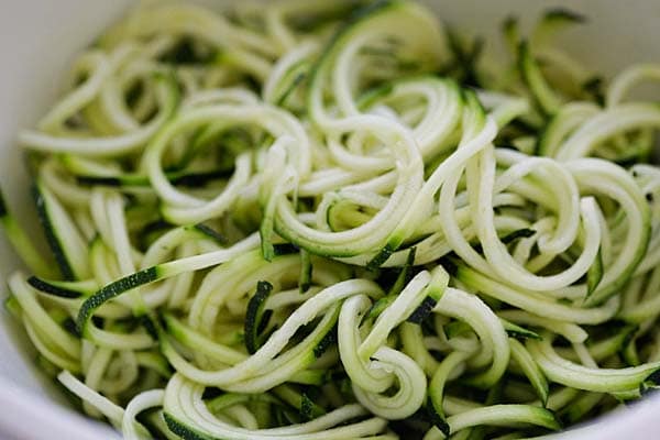 Zucchini zoodle pasta in a bowl.