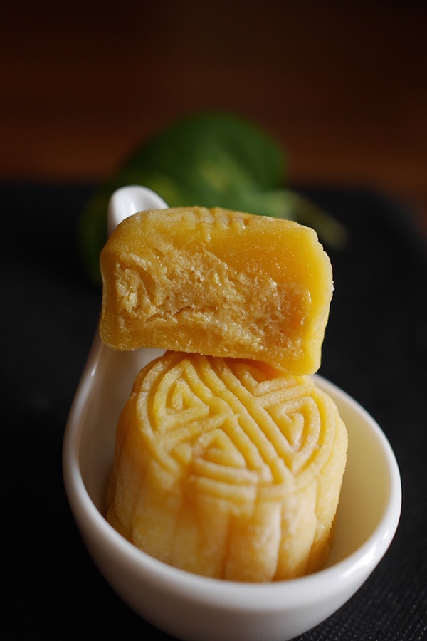 Snow skin mooncake with durian filling.