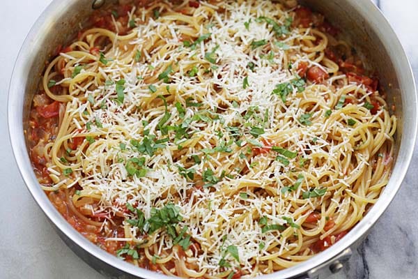 One-Pan Pasta in a skillet