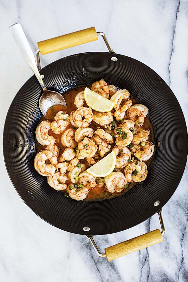 Asian sauteed garlic butter shrimp in a skillet.