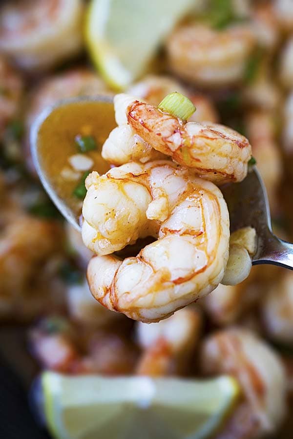 Close up of cooked Trader Joe's Wild Argentinian red shrimp.