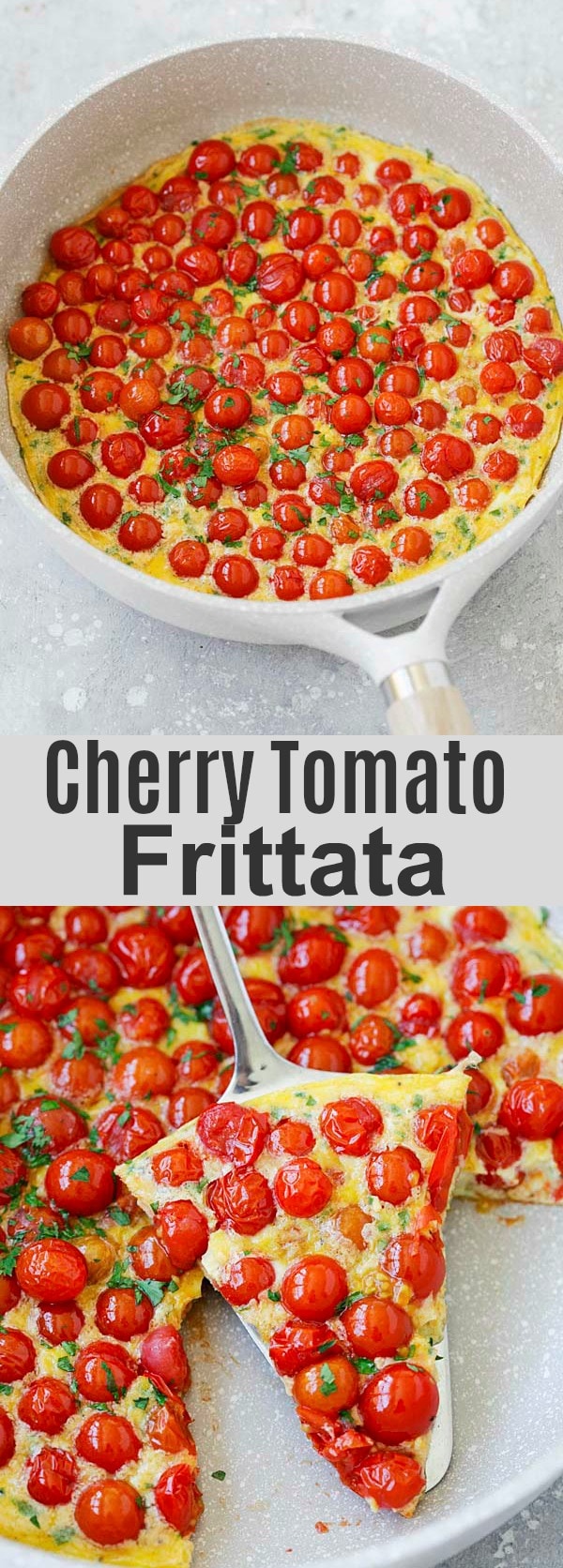 Cherry Tomato Frittata - healthy and easy Italian frittata recipe. Loaded with fresh cherry tomatoes and Parmesan cheese, every bite is bursting with juicy flavors. So good!