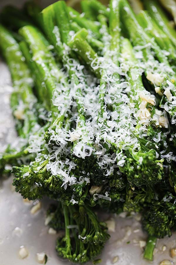 Healthy homemade Broccolini with garlic and Parmesan cheese.