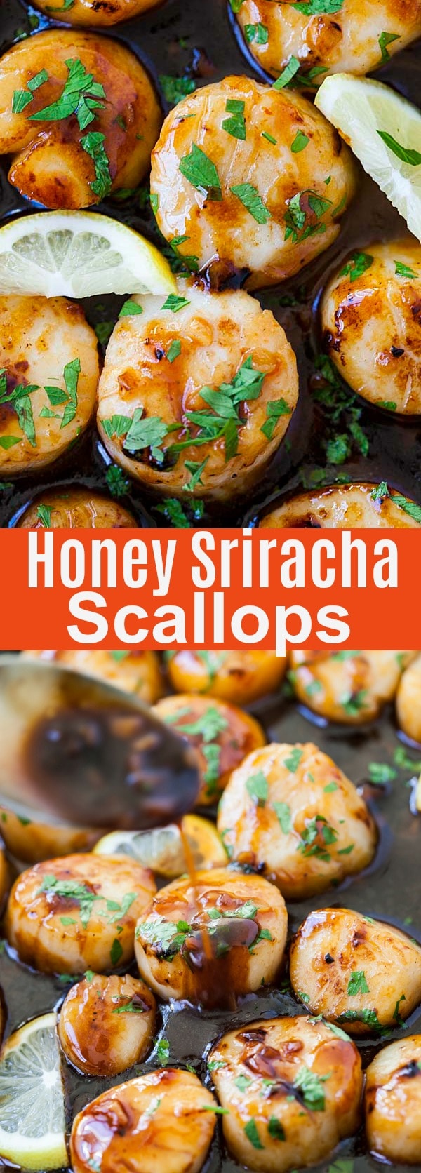 Honey Sriracha Scallops - outrageously delicious scallops in sticky sweet, savory and mildly spicy honey Sriracha sauce. Every bite is bursting with fresh and juicy goodness. 