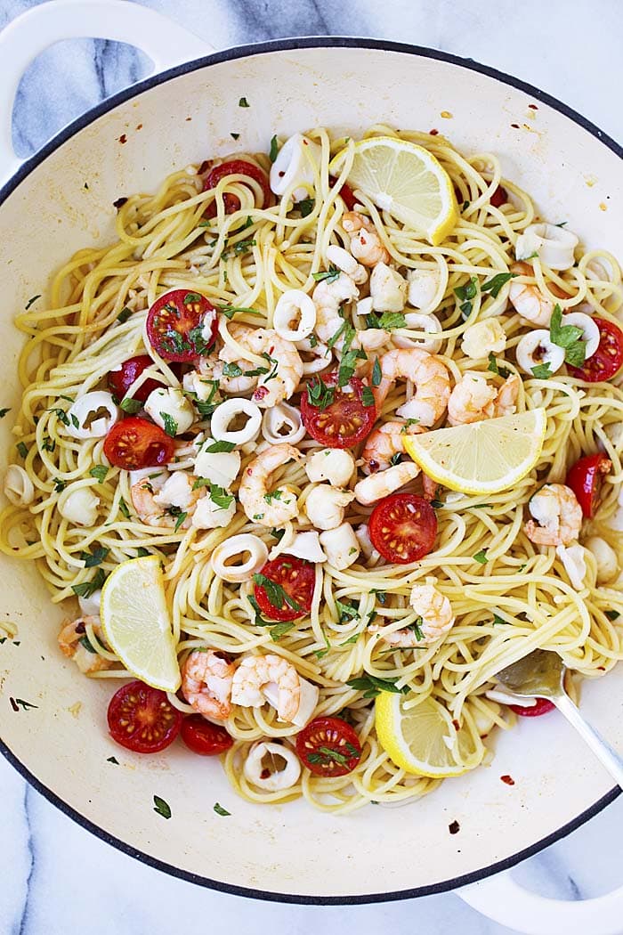 Italian seafood pasta with lemon butter sauce.