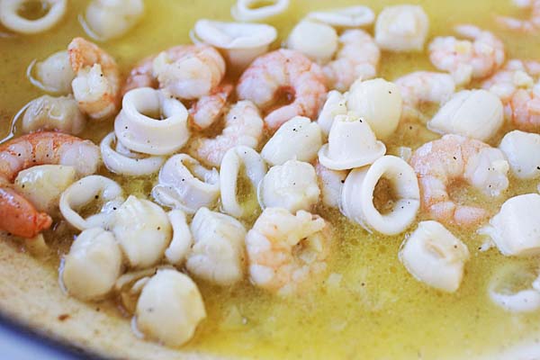 Seafood in lemon and butter scampi sauce.