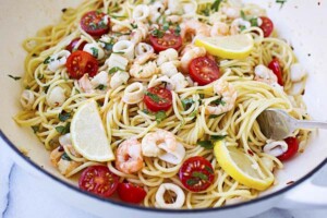 Seafood scampi in a skillet