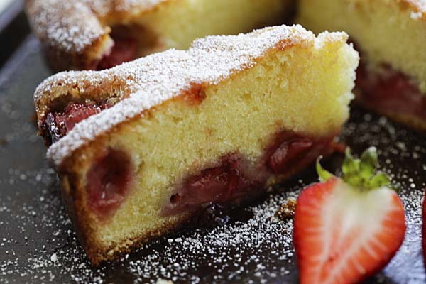 Close up of healthy homemade strawberry butter cake, ready to serve.