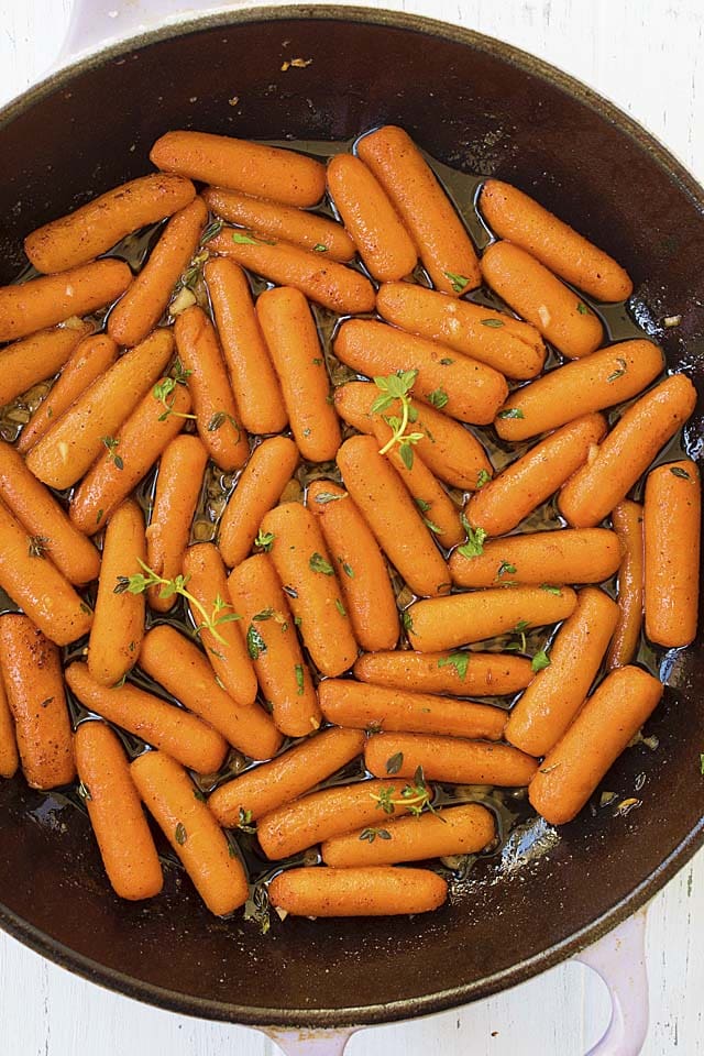 Top down picture of brown butter maple roasted carrots.