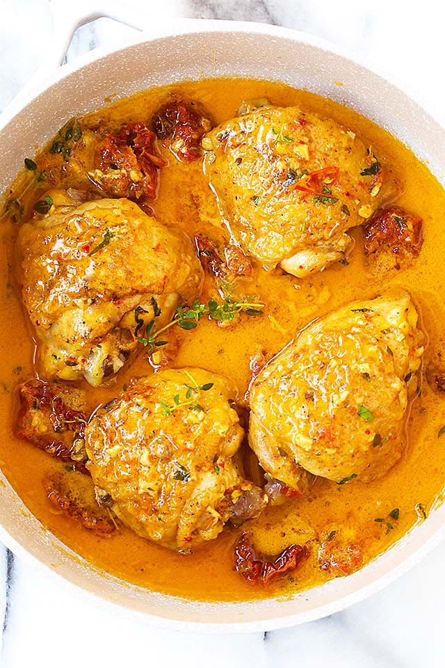 Top down shot of quick and easy instant pot creamy sun dried tomatoes chicken.