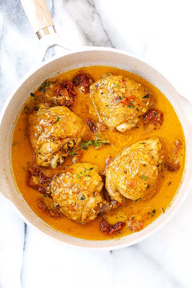 Creamy sun-dried tomatoes chicken thighs.