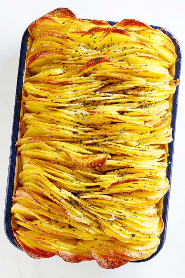 Top down shot of quick and easy crispy leaf potatoes.