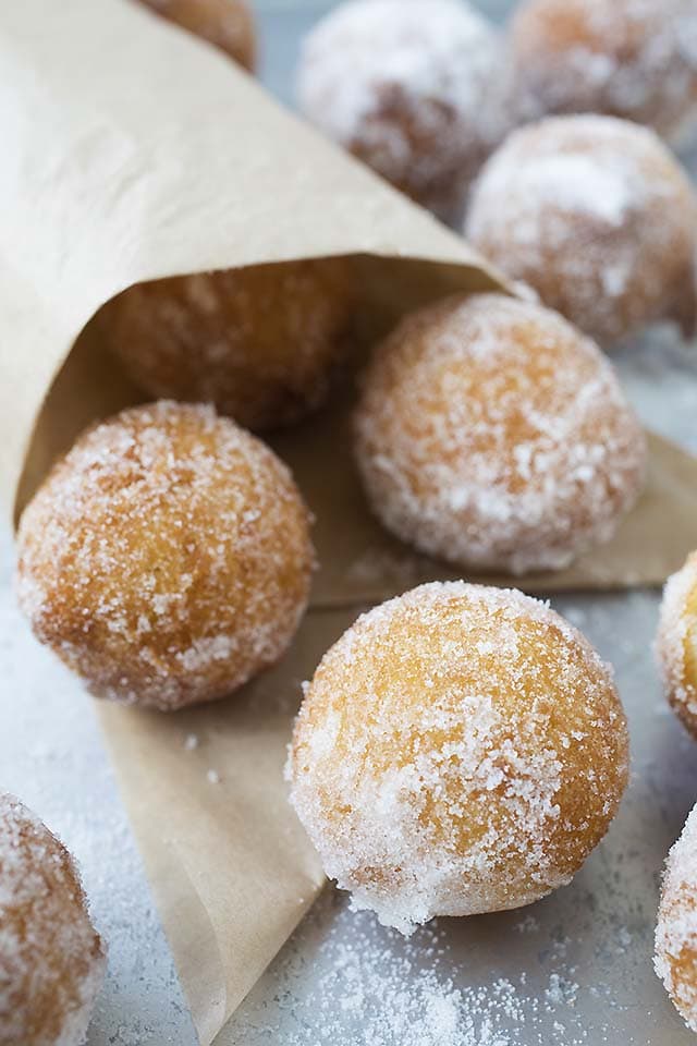 Easy homemade donut holes on a serving tray.