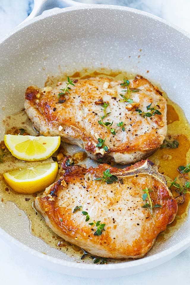 One of the best Pork chop recipes is pork chops cooked in a skillet with garlic and butter.