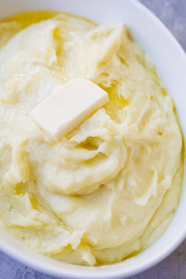 The best mashed potato recipe by Joel Robuchon served in a bowl.