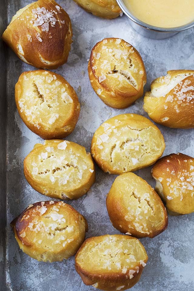 Close up of chewy and soft cheddar bites on a serving tray.